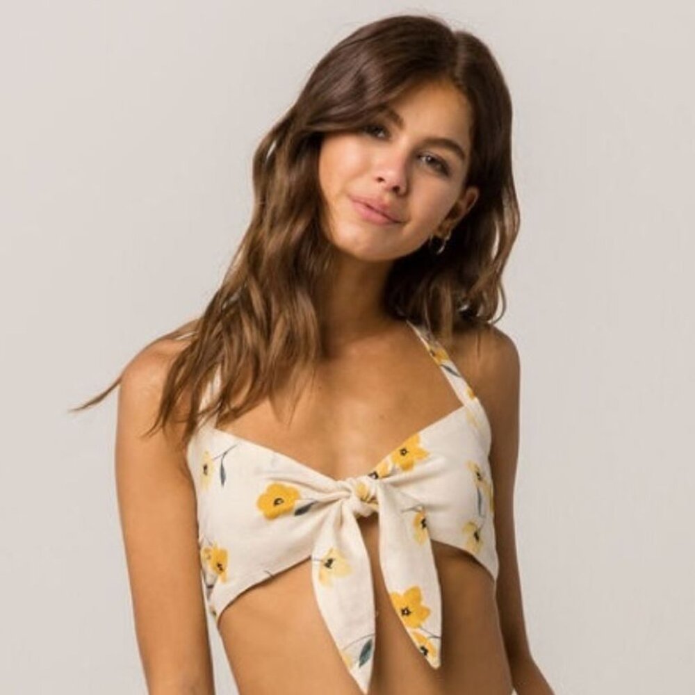 Billabong | Flax Linen Blend Forever In a Day Halter Crop Top Gold Dust | Medium